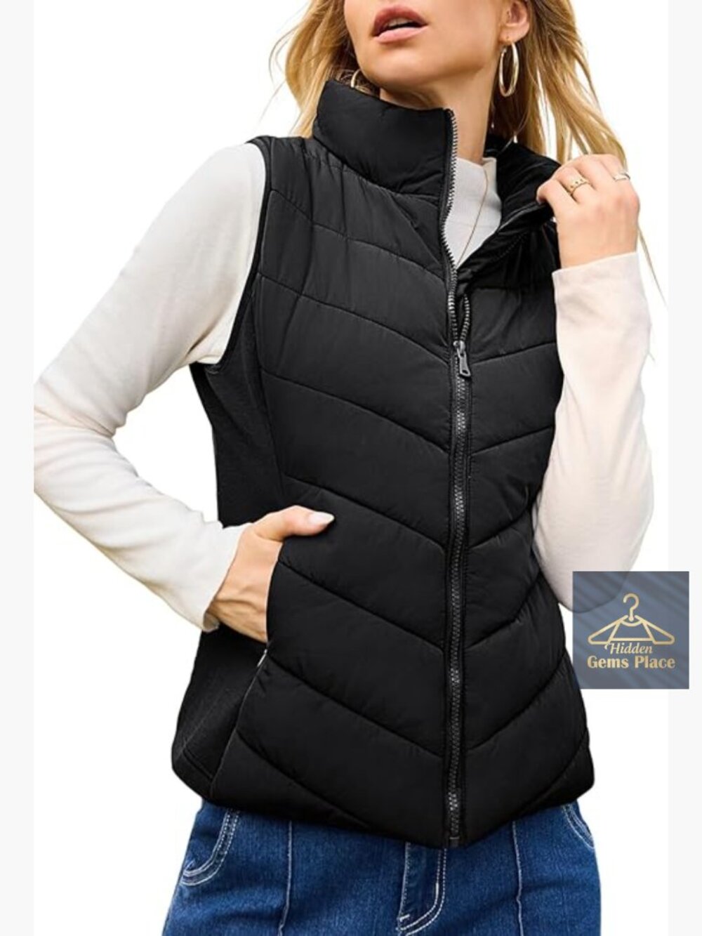 Sleeveless Quilted Puffer Vest Zip Up Stand Collar Winter Jacket with Pockets